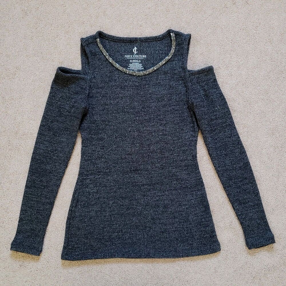 Juicy Couture Women's Knit Top Cold Shoulder Rhinestones Trim Charcoal Size XS